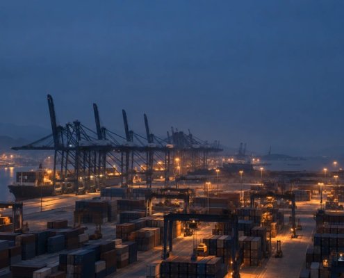 Containerterminal bij avondlicht als beeld bij e-facturatie India en het Peppol 4-corner model